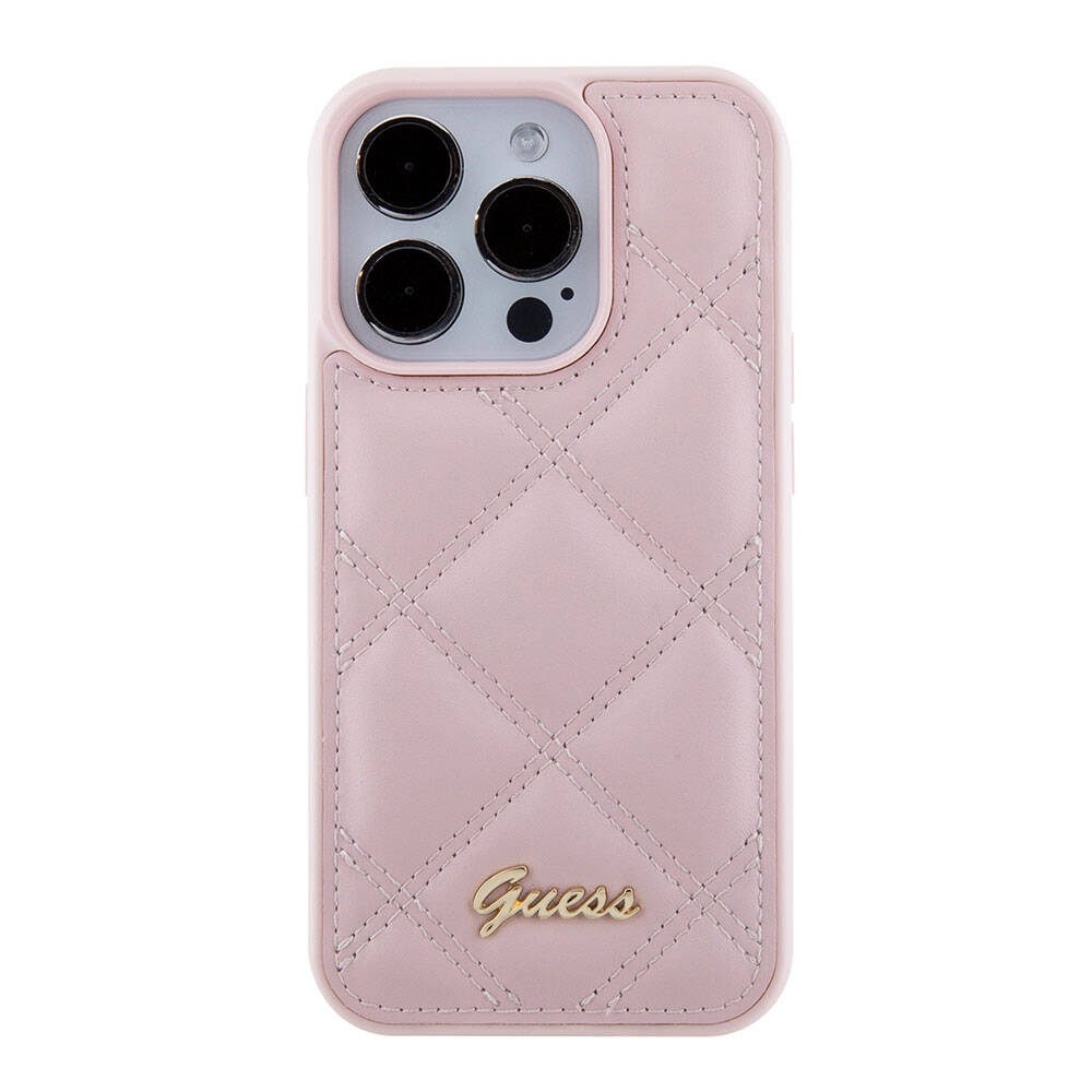 iPhone 15 Pro Kılıf Guess Orjinal Lisanslı PU Deri Metal Yazı Logolu Kapitone Kılıf