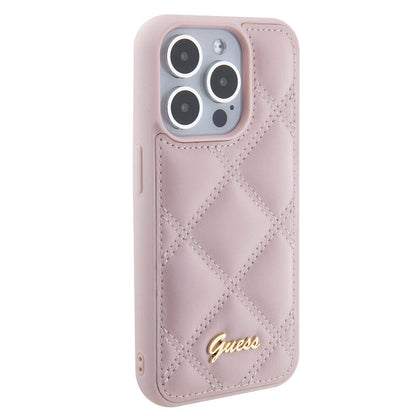 iPhone 15 Pro Kılıf Guess Orjinal Lisanslı PU Deri Metal Yazı Logolu Kapitone Kılıf