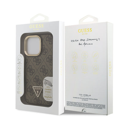 iPhone 15 Pro Kılıf Guess Orjinal Lisanslı PU Deri Taşlı Üçgen Logo 4G Desenli Kamera Standlı Kılıf