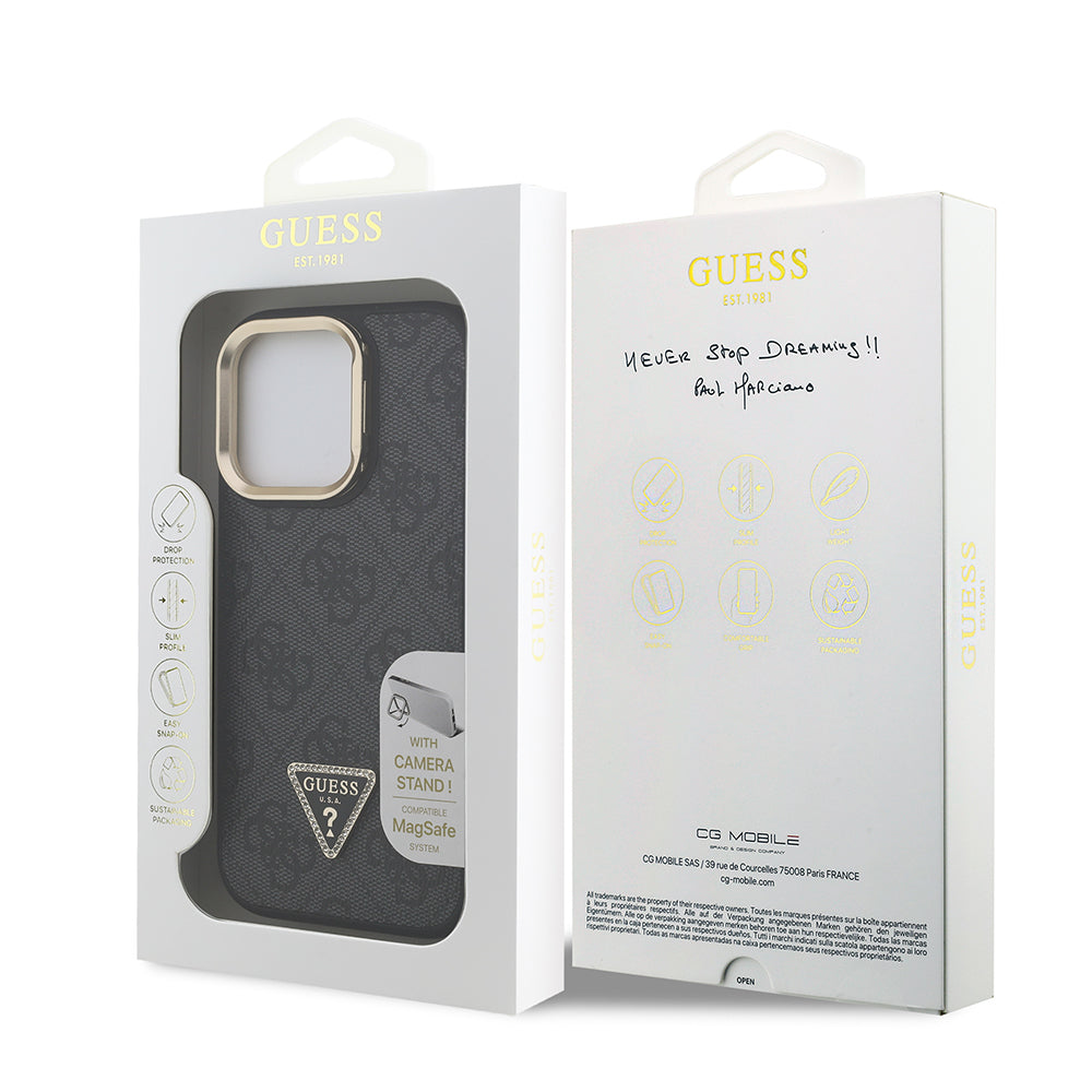 iPhone 15 Pro Kılıf Guess Orjinal Lisanslı PU Deri Taşlı Üçgen Logo 4G Desenli Kamera Standlı Kılıf