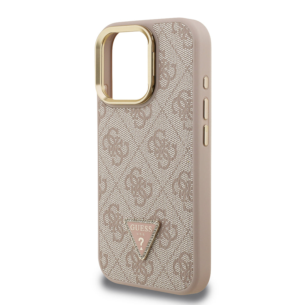 iPhone 15 Pro Kılıf Guess Orjinal Lisanslı PU Deri Taşlı Üçgen Logo 4G Desenli Kamera Standlı Kılıf