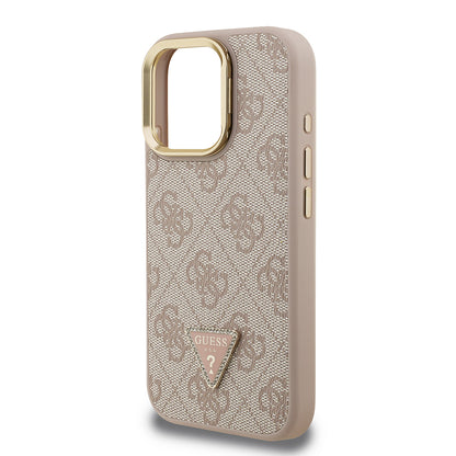 iPhone 15 Pro Kılıf Guess Orjinal Lisanslı PU Deri Taşlı Üçgen Logo 4G Desenli Kamera Standlı Kılıf