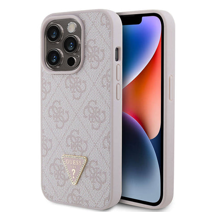 iPhone 15 Pro Kılıf Guess Orjinal Lisanslı PU Deri Taşlı Üçgen Logo 4G Desenli Strass Kılıf