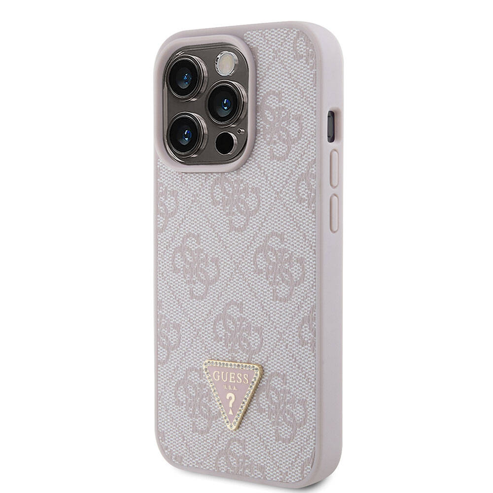 iPhone 15 Pro Kılıf Guess Orjinal Lisanslı PU Deri Taşlı Üçgen Logo 4G Desenli Strass Kılıf