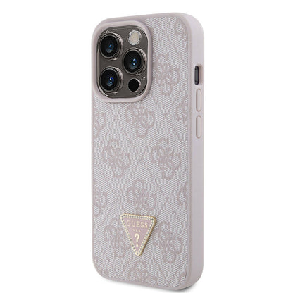 iPhone 15 Pro Kılıf Guess Orjinal Lisanslı PU Deri Taşlı Üçgen Logo 4G Desenli Strass Kılıf