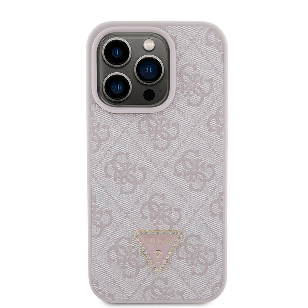 iPhone 15 Pro Kılıf Guess Orjinal Lisanslı PU Deri Taşlı Üçgen Logo 4G Desenli Strass Kılıf