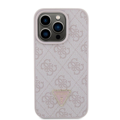 iPhone 15 Pro Kılıf Guess Orjinal Lisanslı PU Deri Taşlı Üçgen Logo 4G Desenli Strass Kılıf