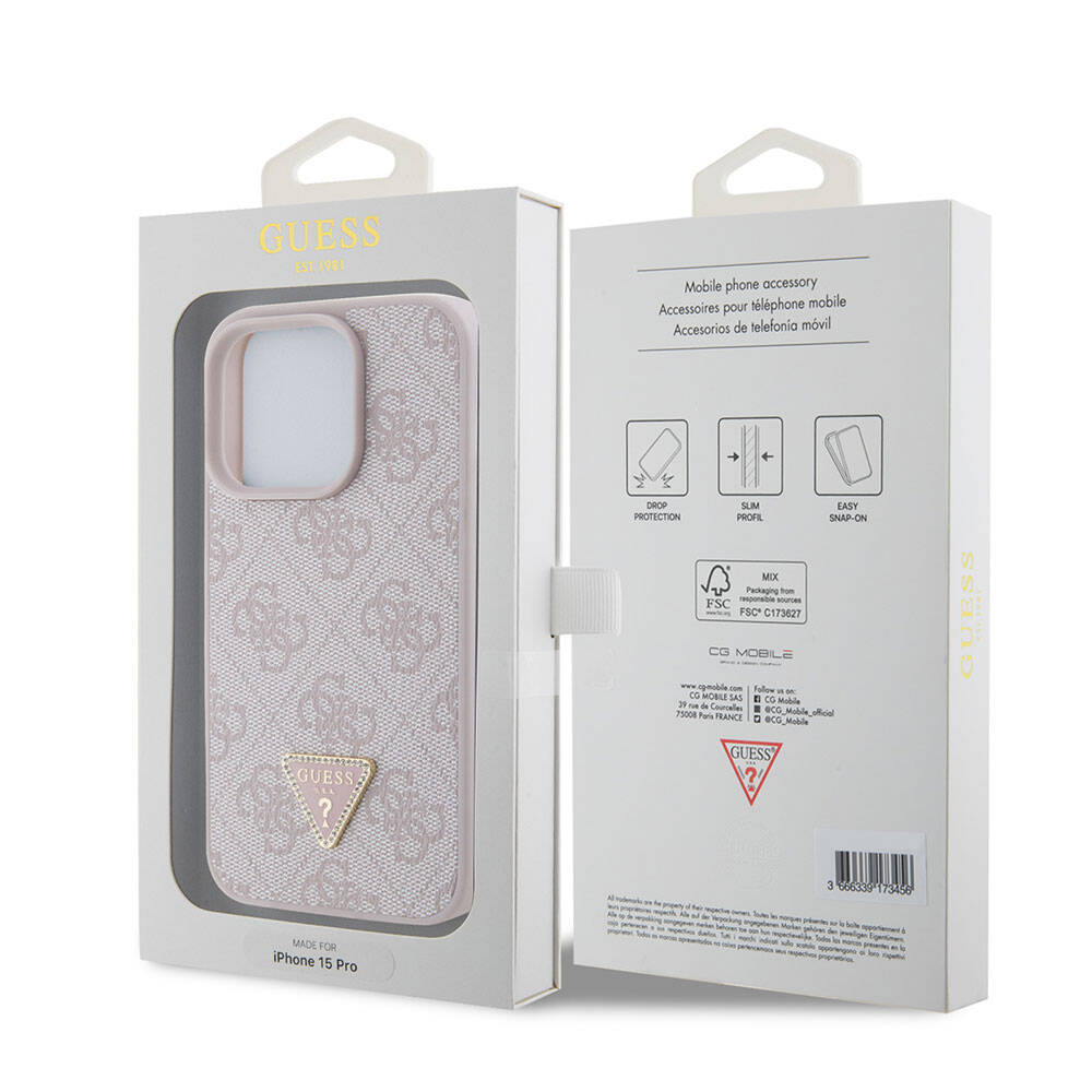 iPhone 15 Pro Kılıf Guess Orjinal Lisanslı PU Deri Taşlı Üçgen Logo 4G Desenli Strass Kılıf