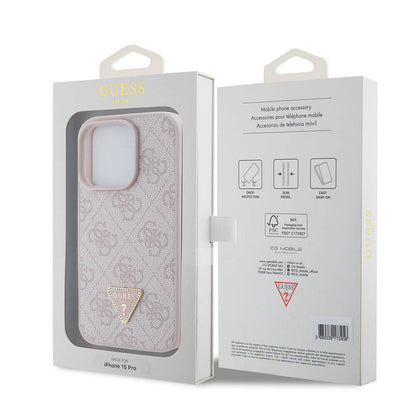 iPhone 15 Pro Kılıf Guess Orjinal Lisanslı PU Deri Taşlı Üçgen Logo 4G Desenli Strass Kılıf