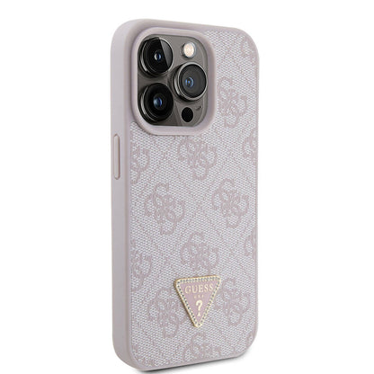iPhone 15 Pro Kılıf Guess Orjinal Lisanslı PU Deri Taşlı Üçgen Logo 4G Desenli Strass Kılıf