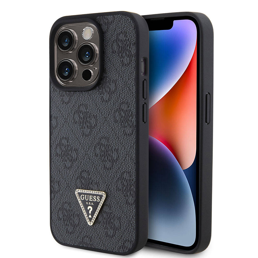 iPhone 15 Pro Kılıf Guess Orjinal Lisanslı PU Deri Taşlı Üçgen Logo 4G Desenli Strass Kılıf
