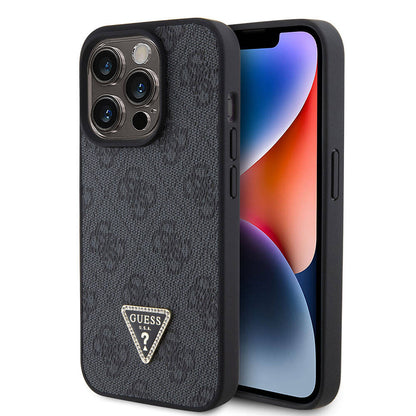 iPhone 15 Pro Kılıf Guess Orjinal Lisanslı PU Deri Taşlı Üçgen Logo 4G Desenli Strass Kılıf