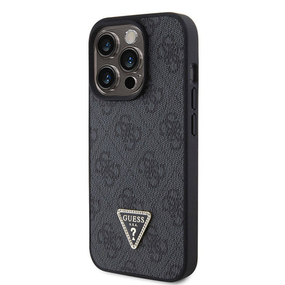 iPhone 15 Pro Kılıf Guess Orjinal Lisanslı PU Deri Taşlı Üçgen Logo 4G Desenli Strass Kılıf