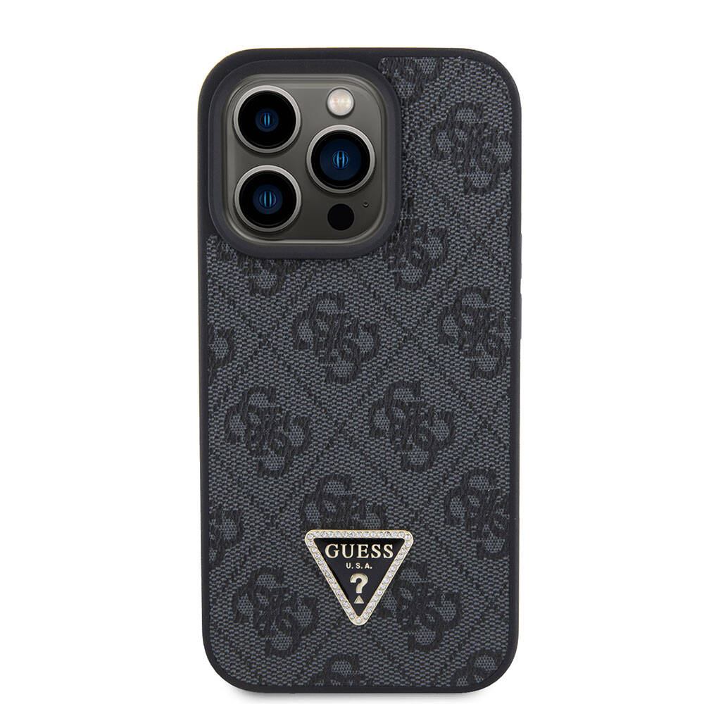 iPhone 15 Pro Kılıf Guess Orjinal Lisanslı PU Deri Taşlı Üçgen Logo 4G Desenli Strass Kılıf