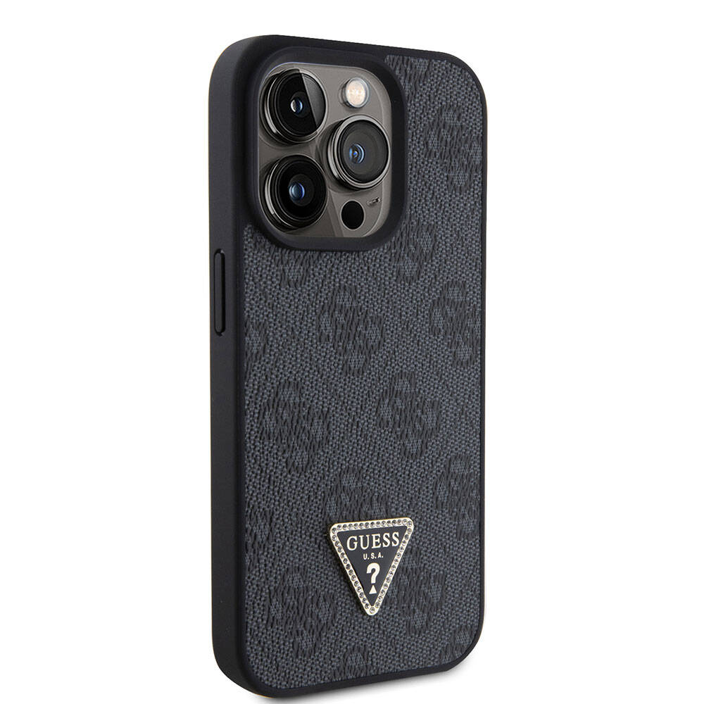 iPhone 15 Pro Kılıf Guess Orjinal Lisanslı PU Deri Taşlı Üçgen Logo 4G Desenli Strass Kılıf