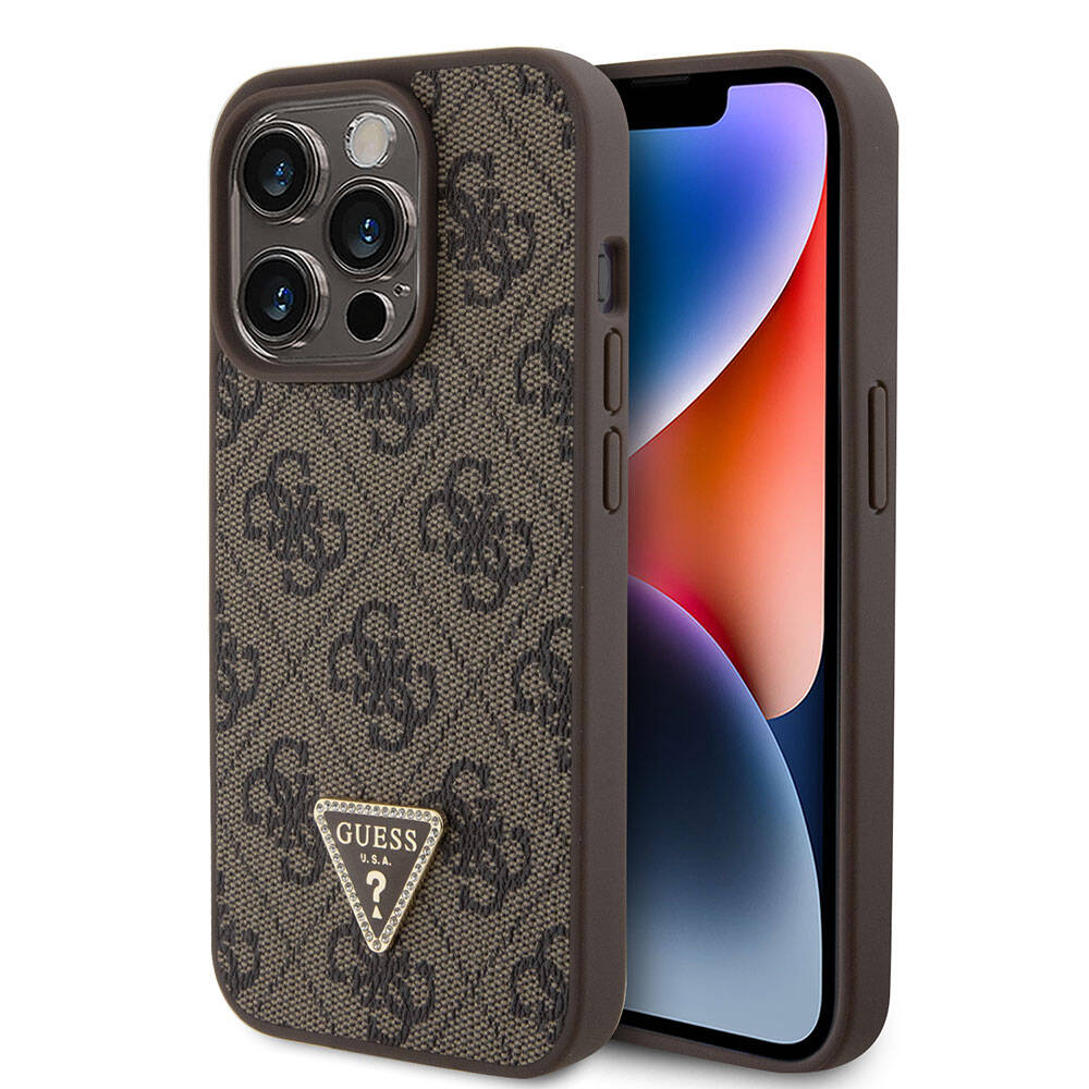 iPhone 15 Pro Kılıf Guess Orjinal Lisanslı PU Deri Taşlı Üçgen Logo 4G Desenli Strass Kılıf