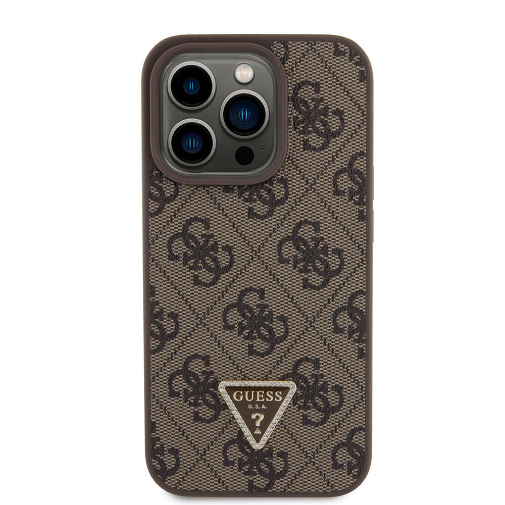 iPhone 15 Pro Kılıf Guess Orjinal Lisanslı PU Deri Taşlı Üçgen Logo 4G Desenli Strass Kılıf