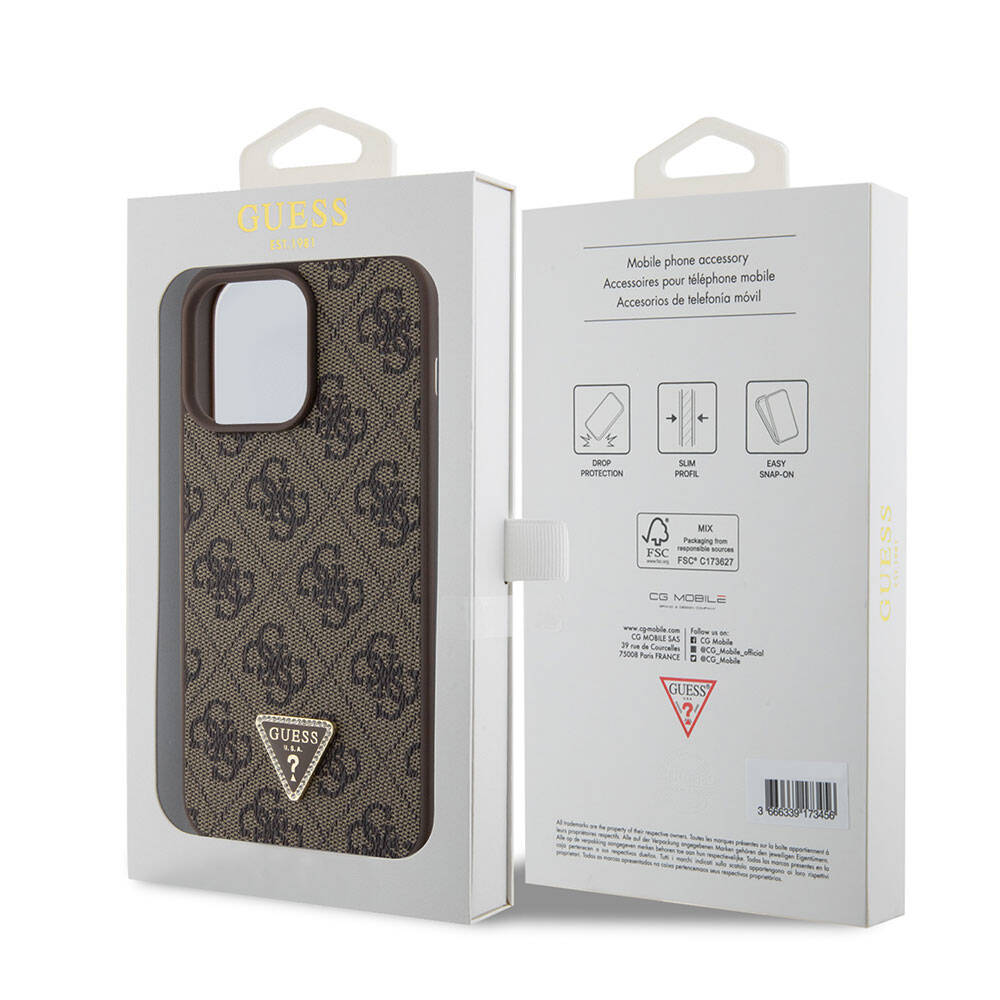 iPhone 15 Pro Kılıf Guess Orjinal Lisanslı PU Deri Taşlı Üçgen Logo 4G Desenli Strass Kılıf