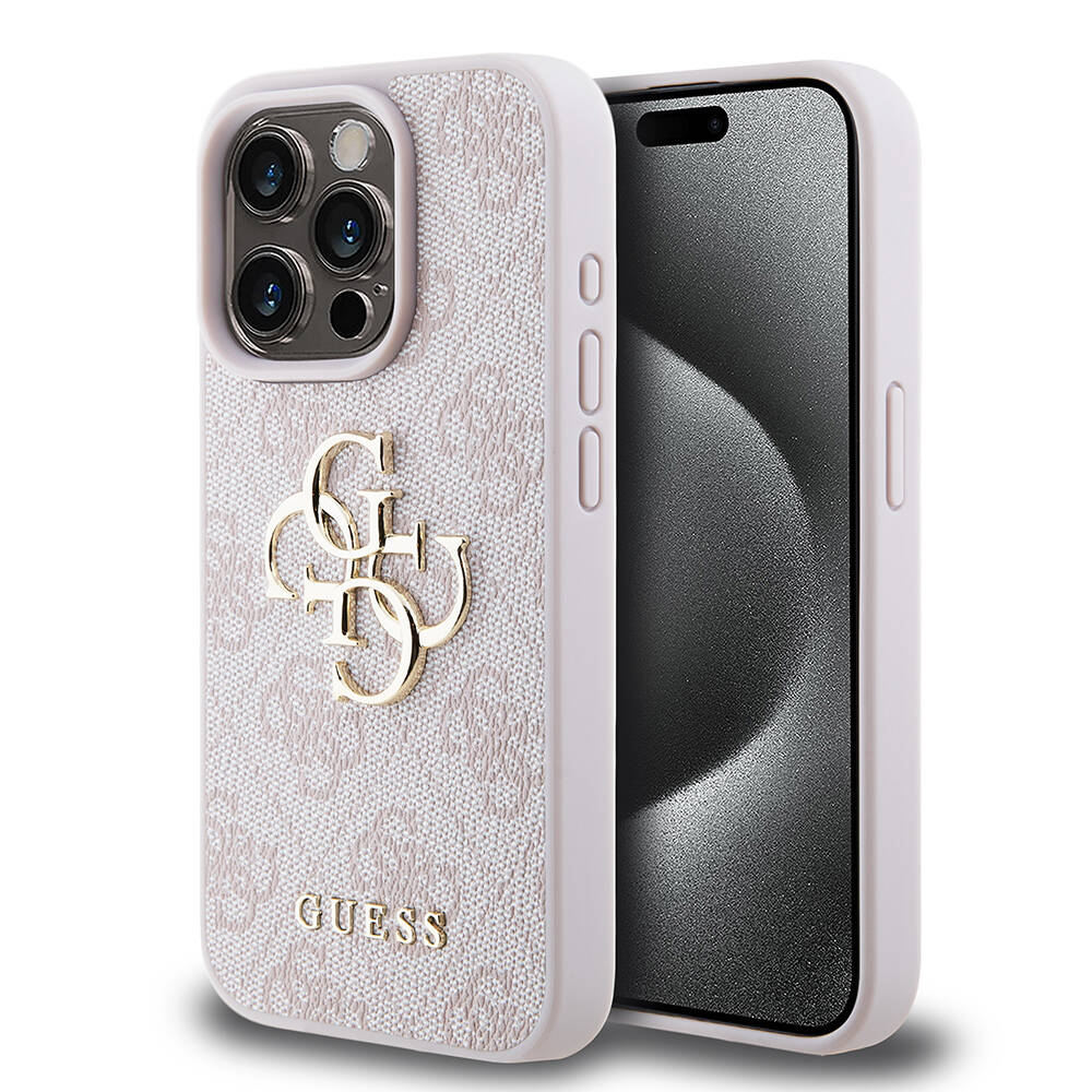 iPhone 15 Pro Kılıf Guess Orjinal Lisanslı PU Deri Yazı ve 4G Metal Logolu Desenli Kılıf
