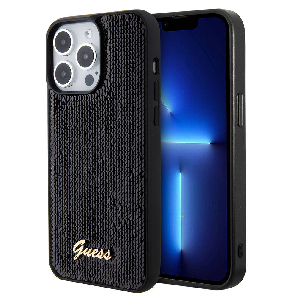 iPhone 15 Pro Kılıf Guess Orjinal Lisanslı Pullu Arka Yüzey Metal Yazı Logolu Sequin Script Kılıf