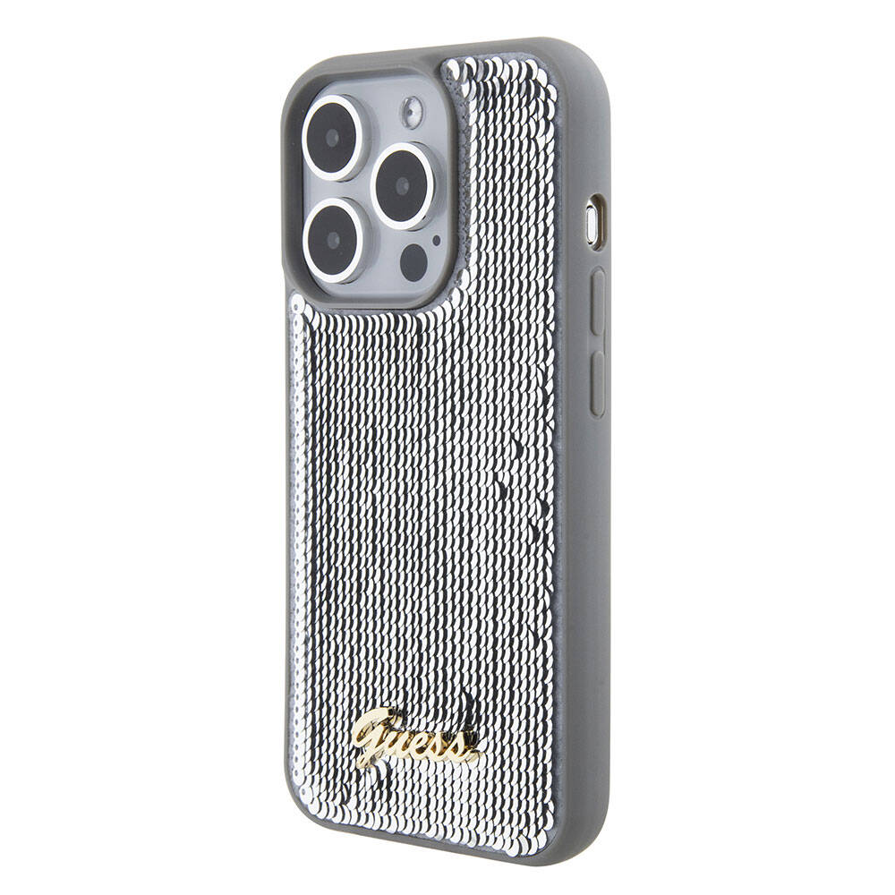 iPhone 15 Pro Kılıf Guess Orjinal Lisanslı Pullu Arka Yüzey Metal Yazı Logolu Sequin Script Kılıf