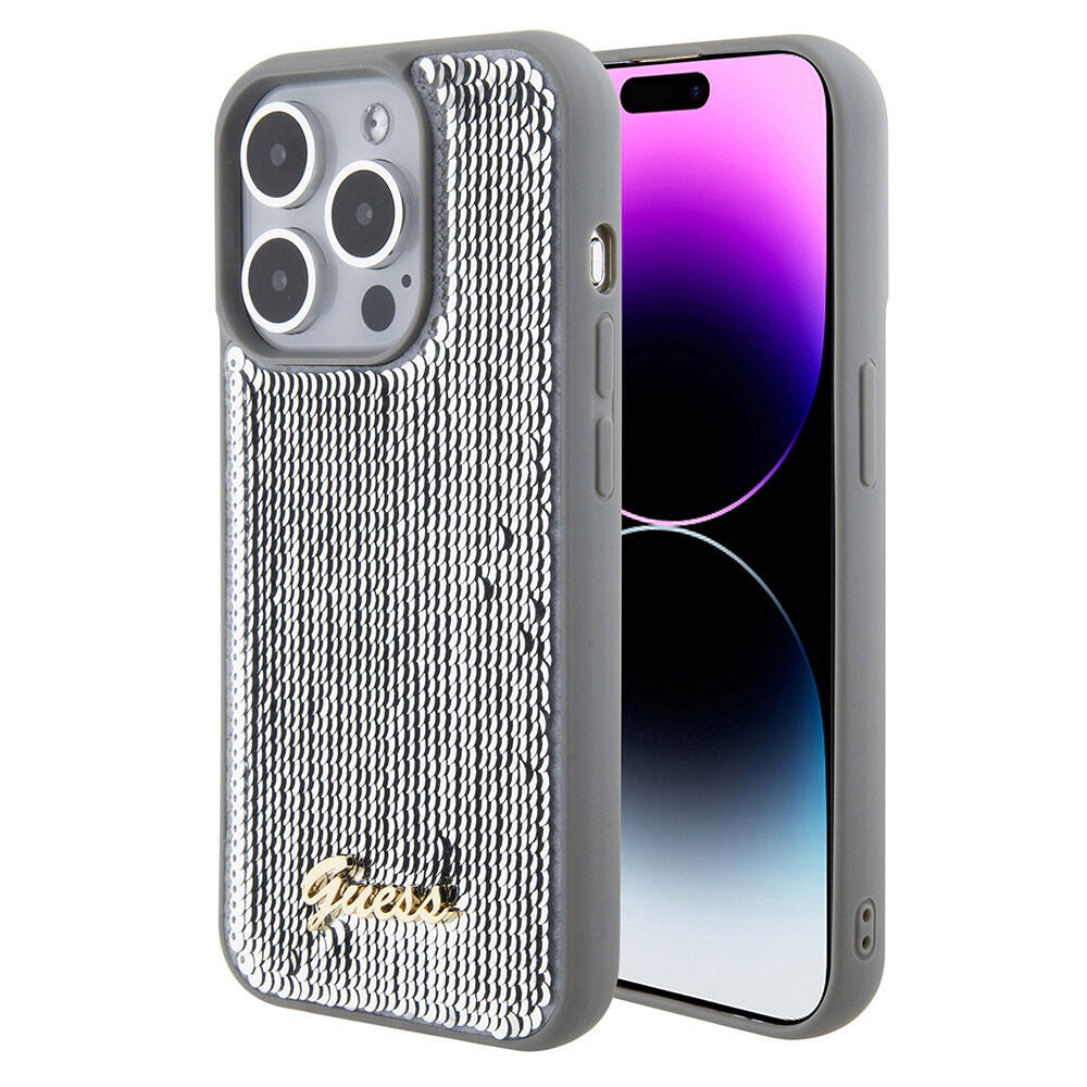 iPhone 15 Pro Kılıf Guess Orjinal Lisanslı Pullu Arka Yüzey Metal Yazı Logolu Sequin Script Kılıf