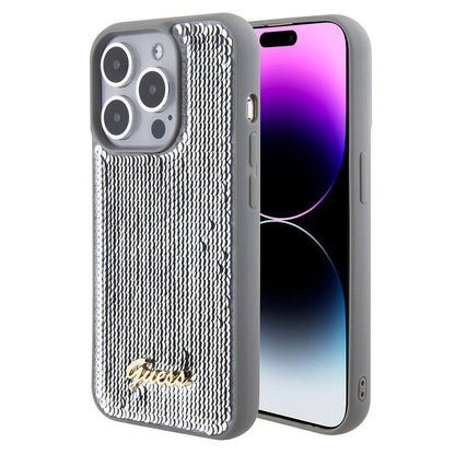 iPhone 15 Pro Kılıf Guess Orjinal Lisanslı Pullu Arka Yüzey Metal Yazı Logolu Sequin Script Kılıf