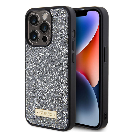 iPhone 15 Pro Kılıf Guess Orjinal Lisanslı Taşlı Arka Yüzey Metal Yazı Logolu Kılıf