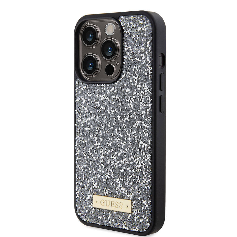 iPhone 15 Pro Kılıf Guess Orjinal Lisanslı Taşlı Arka Yüzey Metal Yazı Logolu Kılıf