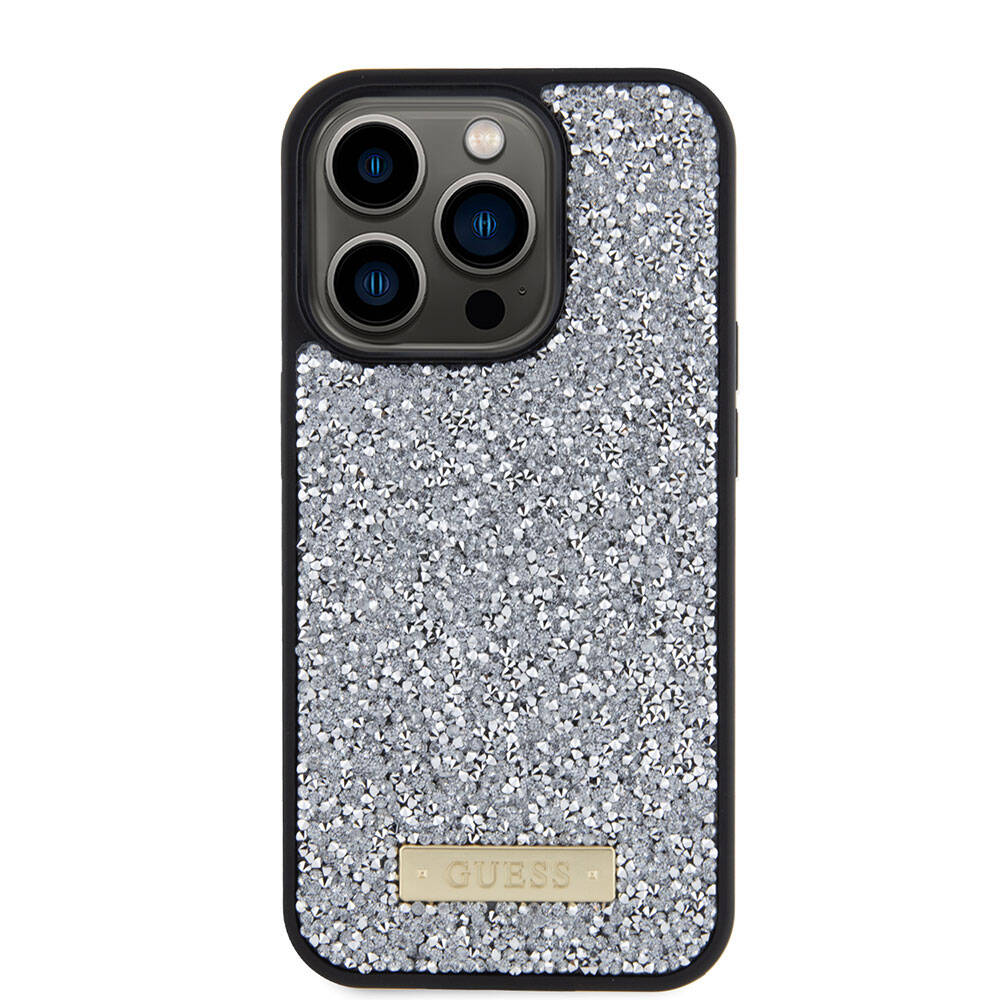 iPhone 15 Pro Kılıf Guess Orjinal Lisanslı Taşlı Arka Yüzey Metal Yazı Logolu Kılıf