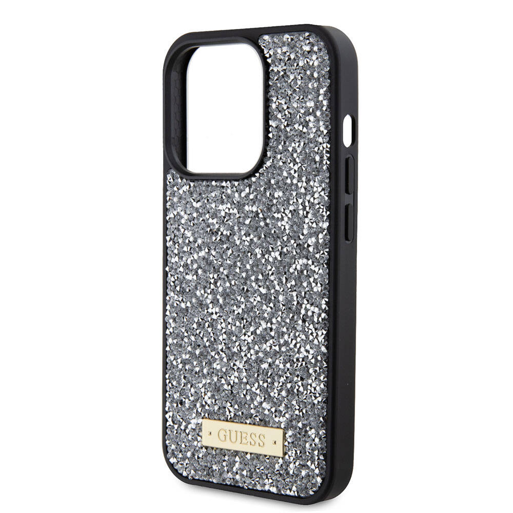 iPhone 15 Pro Kılıf Guess Orjinal Lisanslı Taşlı Arka Yüzey Metal Yazı Logolu Kılıf
