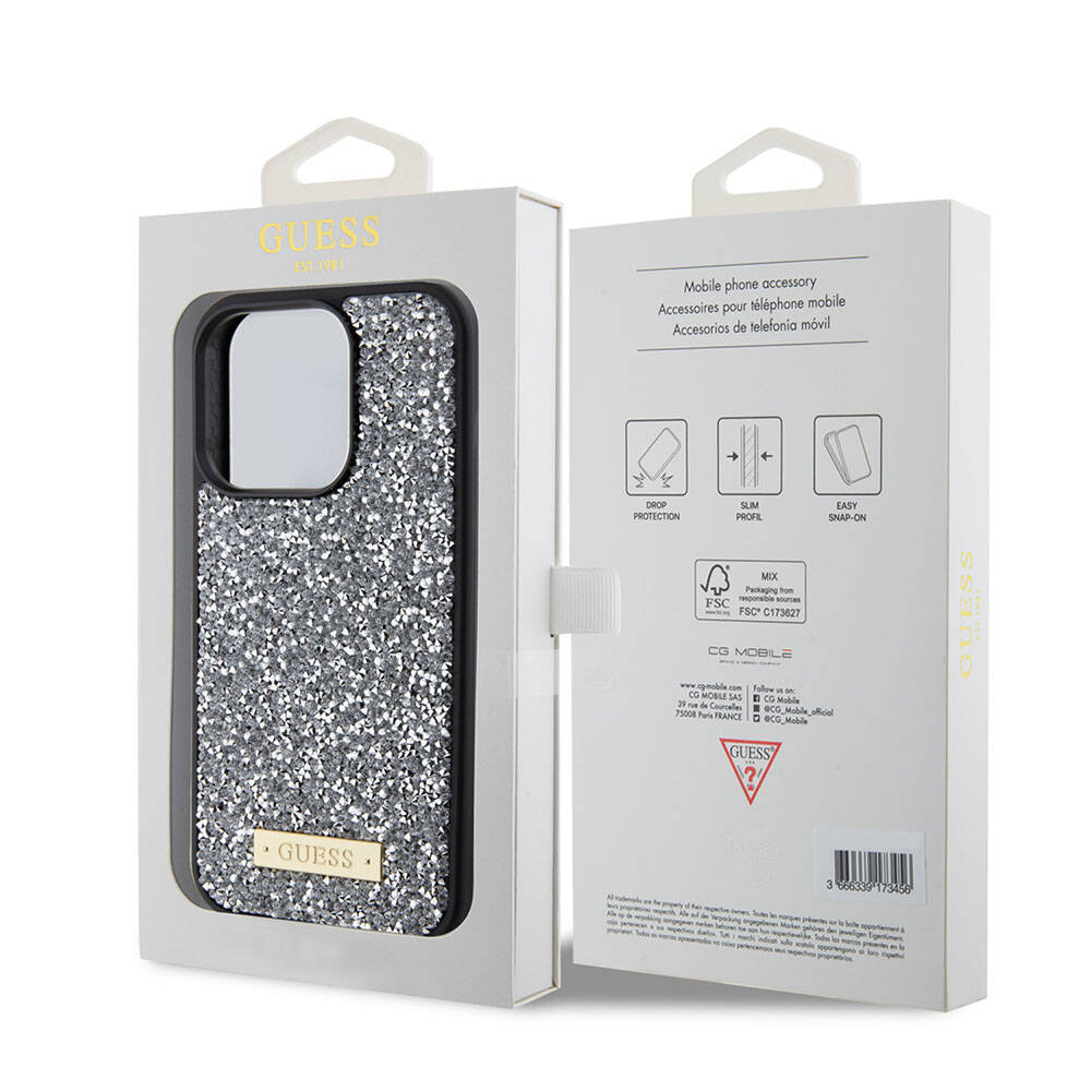 iPhone 15 Pro Kılıf Guess Orjinal Lisanslı Taşlı Arka Yüzey Metal Yazı Logolu Kılıf