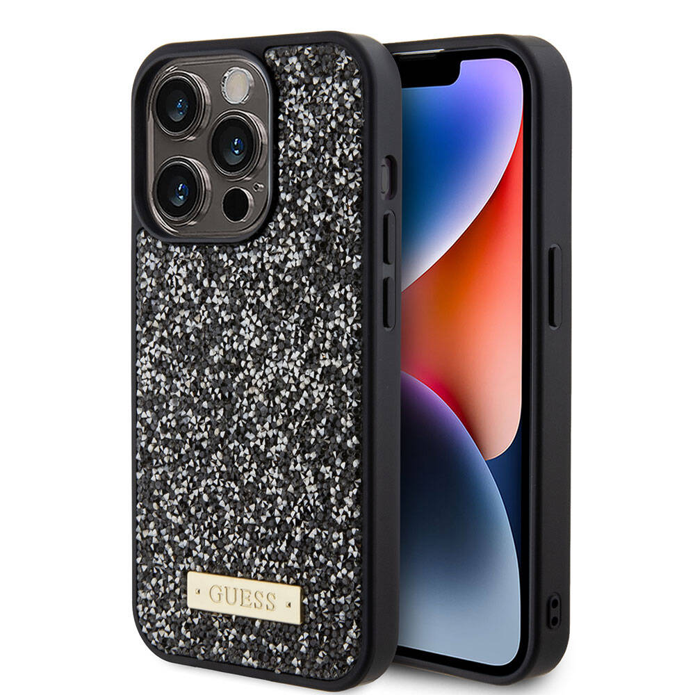 iPhone 15 Pro Kılıf Guess Orjinal Lisanslı Taşlı Arka Yüzey Metal Yazı Logolu Kılıf