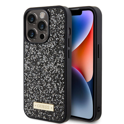 iPhone 15 Pro Kılıf Guess Orjinal Lisanslı Taşlı Arka Yüzey Metal Yazı Logolu Kılıf