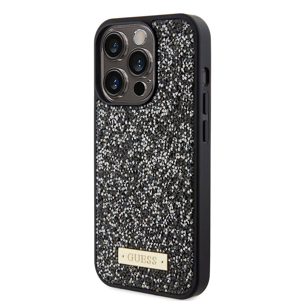 iPhone 15 Pro Kılıf Guess Orjinal Lisanslı Taşlı Arka Yüzey Metal Yazı Logolu Kılıf