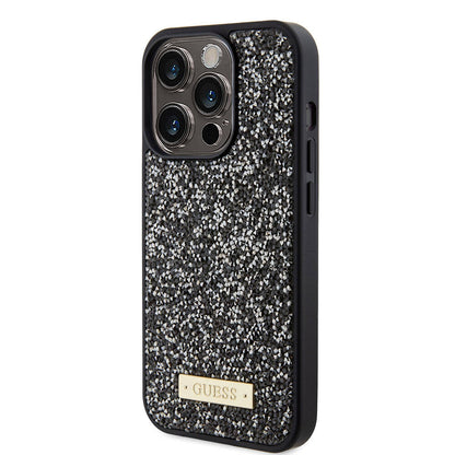 iPhone 15 Pro Kılıf Guess Orjinal Lisanslı Taşlı Arka Yüzey Metal Yazı Logolu Kılıf
