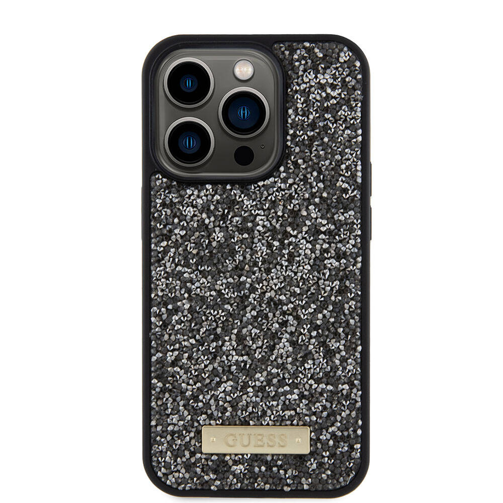 iPhone 15 Pro Kılıf Guess Orjinal Lisanslı Taşlı Arka Yüzey Metal Yazı Logolu Kılıf