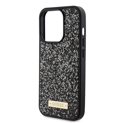 iPhone 15 Pro Kılıf Guess Orjinal Lisanslı Taşlı Arka Yüzey Metal Yazı Logolu Kılıf