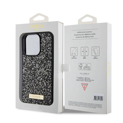 iPhone 15 Pro Kılıf Guess Orjinal Lisanslı Taşlı Arka Yüzey Metal Yazı Logolu Kılıf
