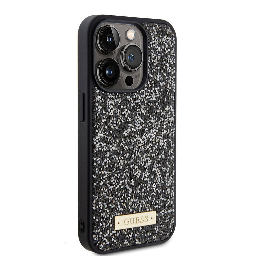 iPhone 15 Pro Kılıf Guess Orjinal Lisanslı Taşlı Arka Yüzey Metal Yazı Logolu Kılıf