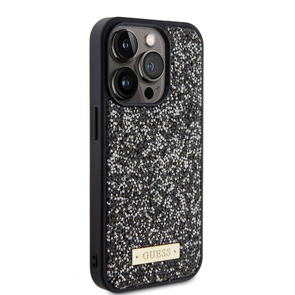 iPhone 15 Pro Kılıf Guess Orjinal Lisanslı Taşlı Arka Yüzey Metal Yazı Logolu Kılıf