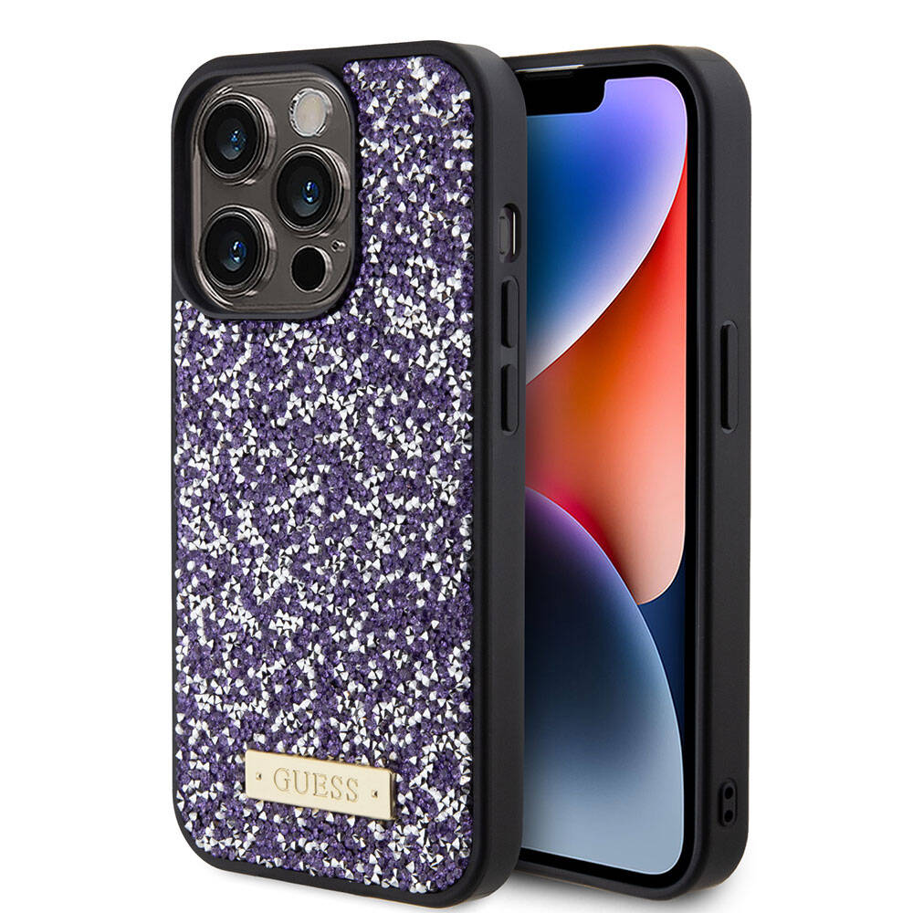 iPhone 15 Pro Kılıf Guess Orjinal Lisanslı Taşlı Arka Yüzey Metal Yazı Logolu Kılıf