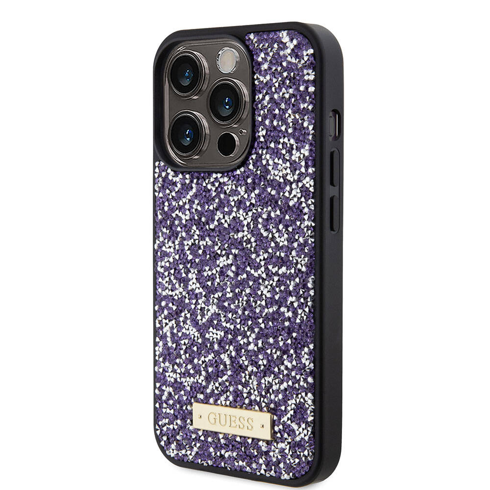 iPhone 15 Pro Kılıf Guess Orjinal Lisanslı Taşlı Arka Yüzey Metal Yazı Logolu Kılıf