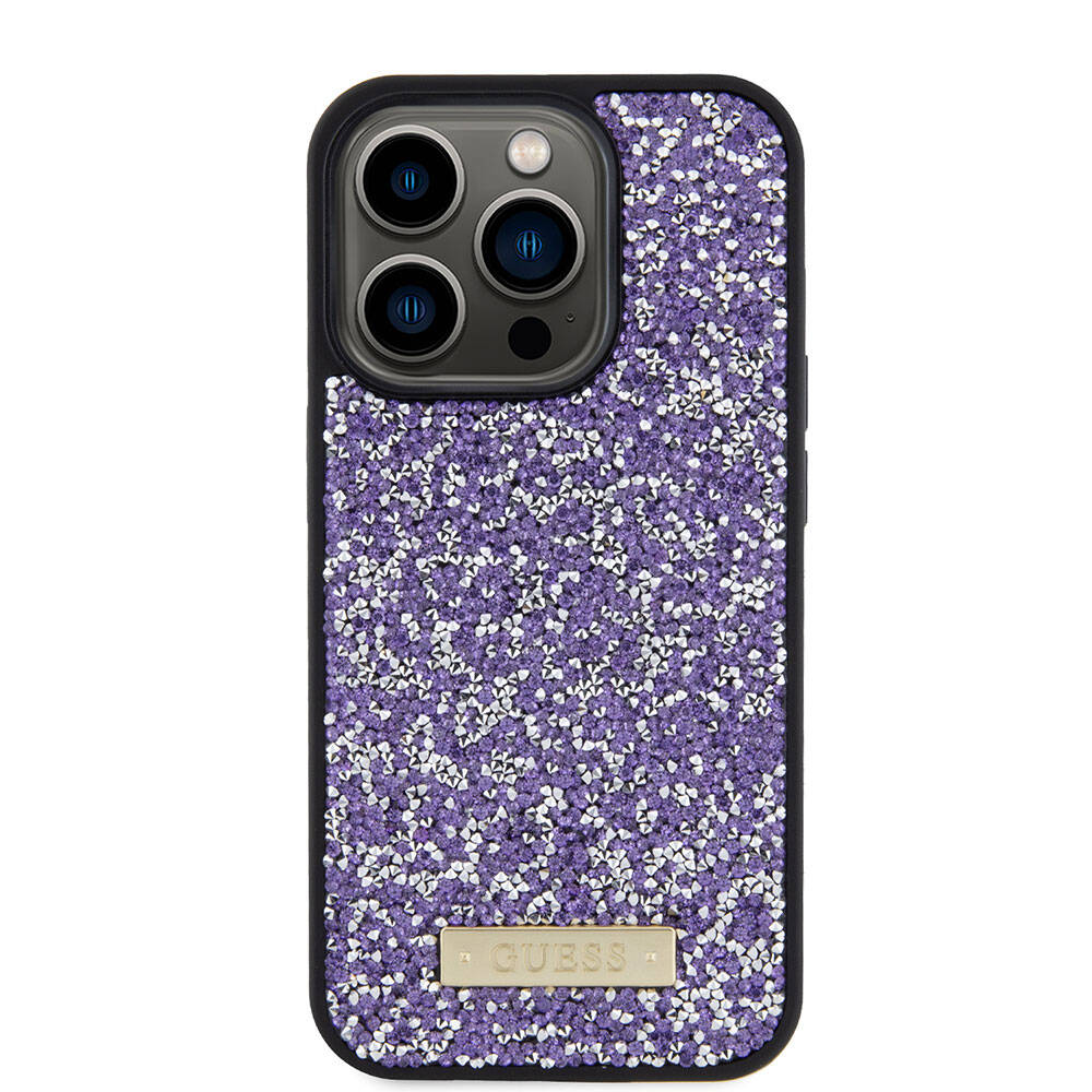 iPhone 15 Pro Kılıf Guess Orjinal Lisanslı Taşlı Arka Yüzey Metal Yazı Logolu Kılıf