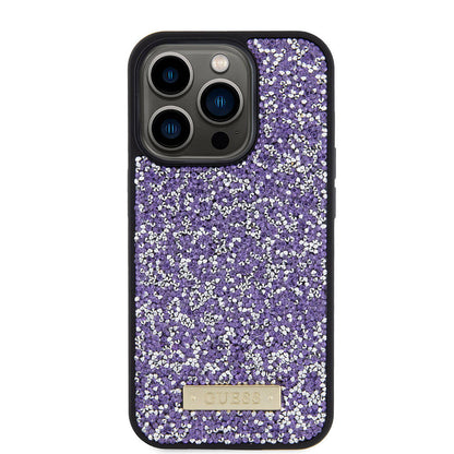 iPhone 15 Pro Kılıf Guess Orjinal Lisanslı Taşlı Arka Yüzey Metal Yazı Logolu Kılıf