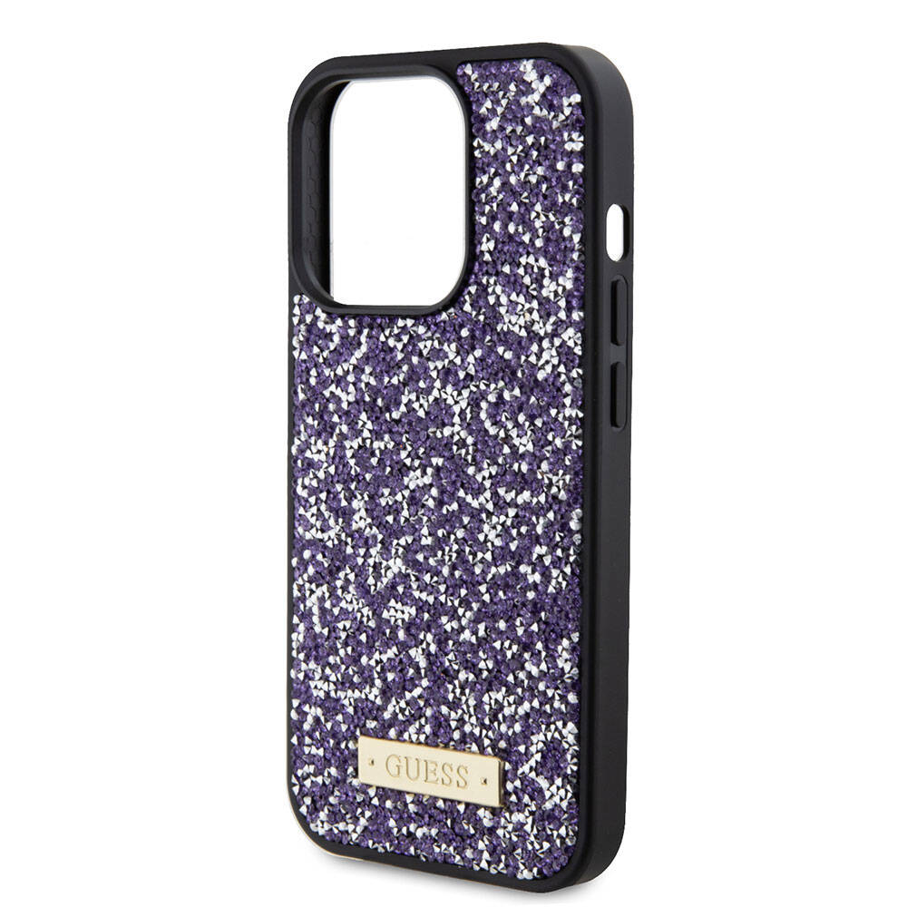 iPhone 15 Pro Kılıf Guess Orjinal Lisanslı Taşlı Arka Yüzey Metal Yazı Logolu Kılıf