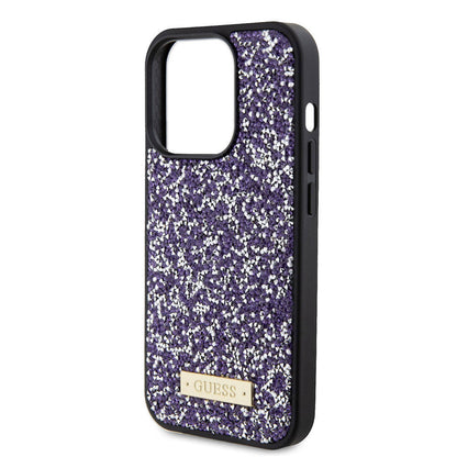 iPhone 15 Pro Kılıf Guess Orjinal Lisanslı Taşlı Arka Yüzey Metal Yazı Logolu Kılıf