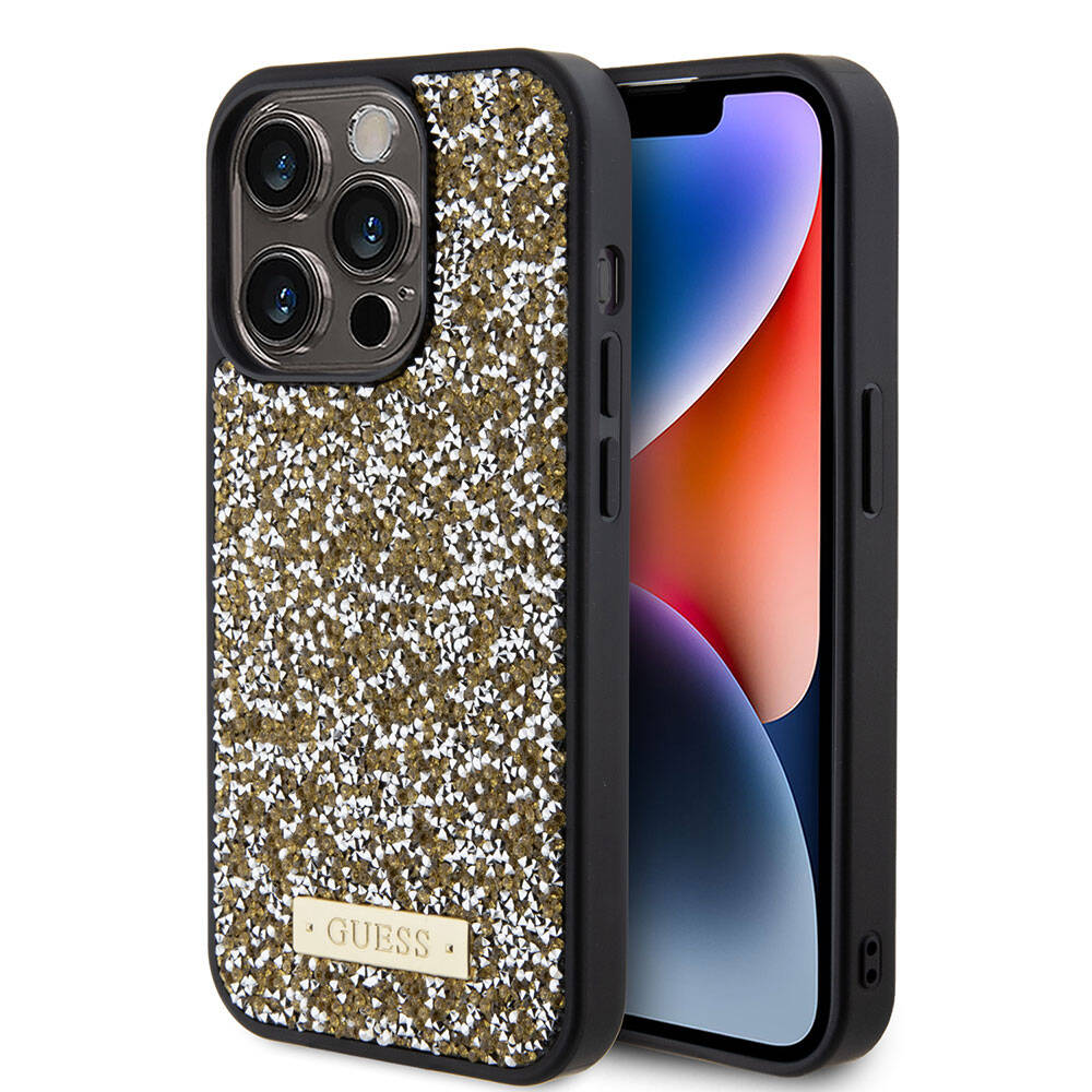iPhone 15 Pro Kılıf Guess Orjinal Lisanslı Taşlı Arka Yüzey Metal Yazı Logolu Kılıf