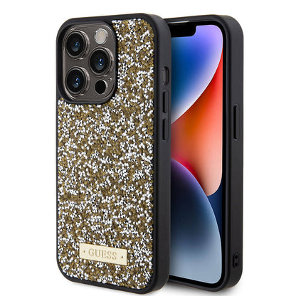 iPhone 15 Pro Kılıf Guess Orjinal Lisanslı Taşlı Arka Yüzey Metal Yazı Logolu Kılıf