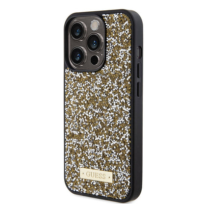iPhone 15 Pro Kılıf Guess Orjinal Lisanslı Taşlı Arka Yüzey Metal Yazı Logolu Kılıf